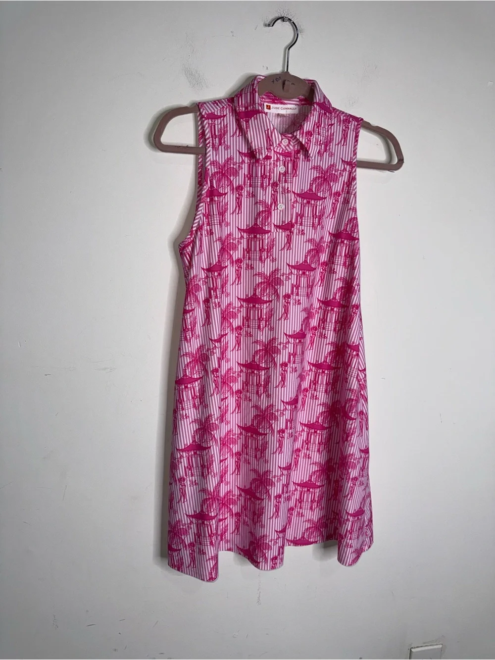 Jude Connally Pink Sleeveless Shift Dress Tropical Pagoda Print - Picture 2 of 9